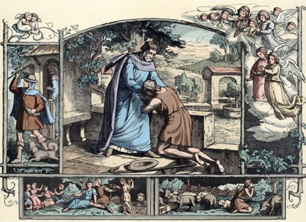 Scene from the biblical story, the famous biblical parable of the prodigal son, authentic