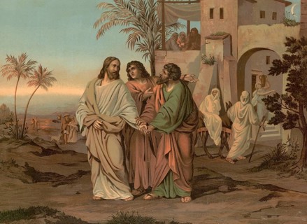 Scene from the biblical story, On the Day of Jesus' Resurrection, two disciples, one of them named