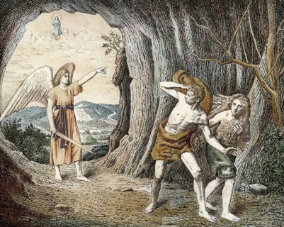 Scene from the biblical story, The Expulsion from Paradise, Adam and Eve, authentic reproduction of