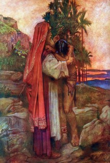 Scene from the biblical story, the famous biblical parable of the prodigal son, authentic