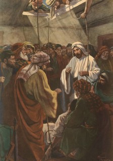 Scene from the biblical story, In the Bible, the story of the man with four friends refers to the