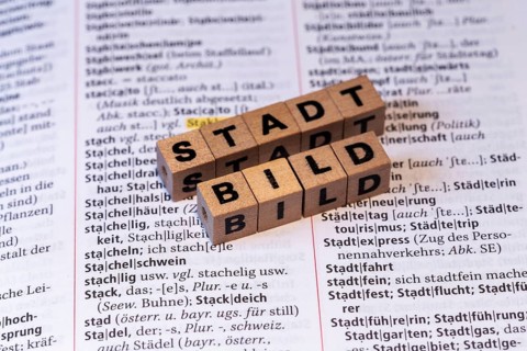 Possible unword of the year? Show wooden cubes on a duden show the word CITYSCAPE