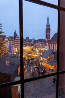 December 22, 2025, View from a window inside the Roemer looking down at the Frankfurt Christmas