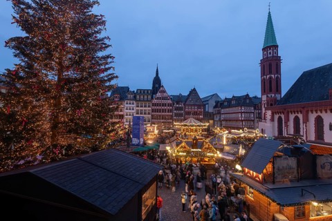 December 22, 2025, View from a window inside the Roemer looking down at the Frankfurt Christmas