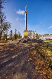 Victory column, general architecture, houses, trees with autumn leaves, meadow, fallen leaves, blue