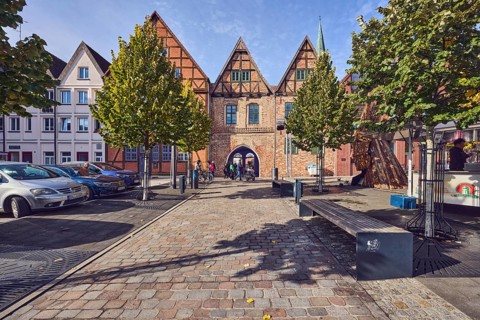 Row of houses, old town, half-timbered building, brick building material, residential building,