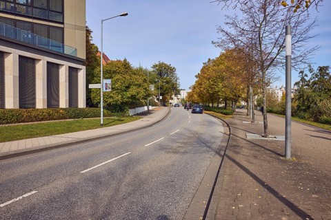 General architecture, modern buildings, pavement made of concrete paving stones, road made of