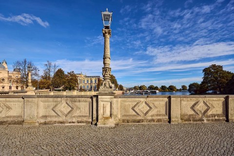 Sandstone wall, lantern, paving stone sidewalk, general architecture, trees, Schweriner Innensee