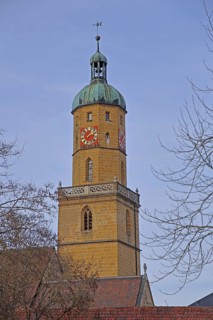 Church tower of St. Blasius city church built in the 14th century, Bopfingen, Härtsfeld, Swabian