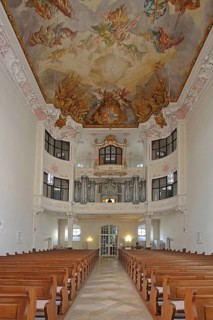 Organ and baroque ceiling fresco by Johann Nikolaus Stuber, interior photo, ceiling painting,