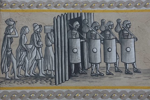 Historical wall by artist group Kollektiv K 2020, wall painting with historical city history, from