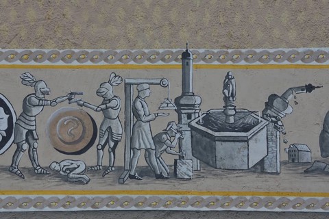 Historical wall by artist group Kollektiv K 2020, wall painting depicting historic city history,
