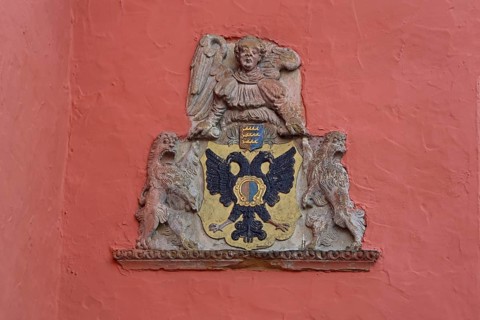 City coat of arms with double eagle, Old Town Hall, Market Square, Bopfingen, Härtsfeld, Swabian