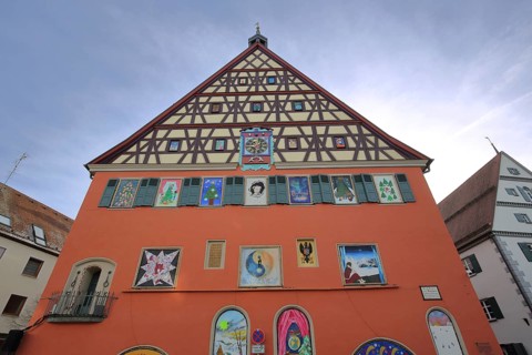 Old town hall built in 1586 with wall painting and Christmas decoration, half-timbered house,
