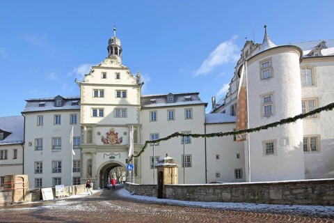 Portal of the Teutonic Order Castle in winter with snow, Castle, Bad Mergentheim, Tauber Franconia,