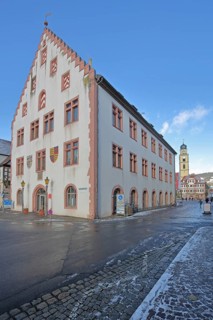 Old town hall built in 1564 with stepped gable and St. Johannes Cathedral, Bad Mergentheim market