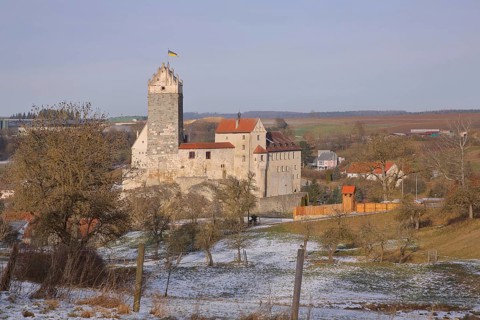 Katzenstein Castle built in 11th century in winter with snow, landscape, Dischingen, Härtsfeld,