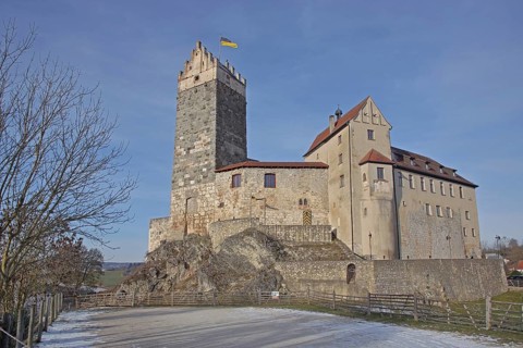 Katzenstein Castle built in the 11th century in winter, Dischingen, Härtsfeld, Swabian Jura,