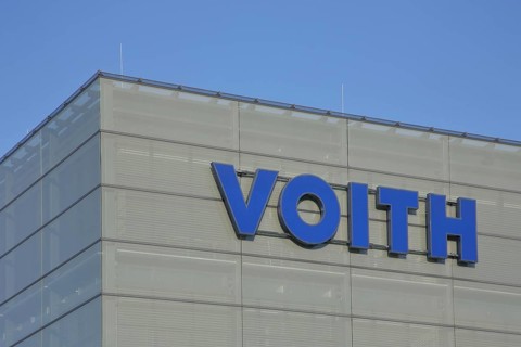 Voith company emblem with blue inscription, company, industry, steel production, mechanical