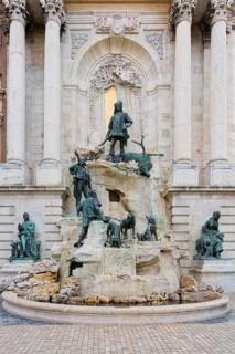 Buda Castle, Spectacular Mathias fountain with hunter statues, Budapest, Hungary