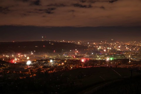 View from Kapellberg near Fellbach across the Neckar Valley to Stuttgart on New Year's Eve from