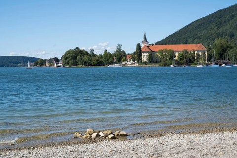 Parish Church of St. Quirinus, Tegernsee Abbey, Castle with Braustüberl, view from Seeufer Point,