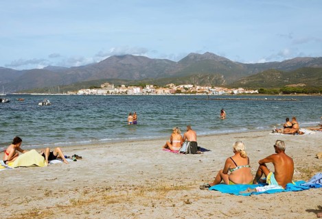 Beach or Plage de la Roya, in the back of Saint-Florent on the Gulf of Saint-Florent in the
