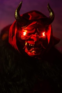Krampus with glowing eyes, fog, murmurs, winter, Waldburg Castle, Allgäu, Baden-Württemberg,