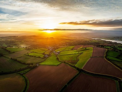 Colours of autumn Fields and Farms over Sheldon from a drone, Torbay, Devon, England, United
