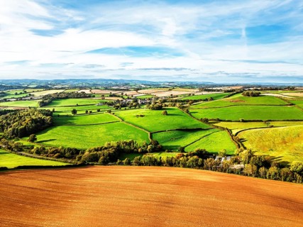 Colours of Devon Farms and Fields over Paignton and Berry Pomeroy from a drone, Totnes, England,