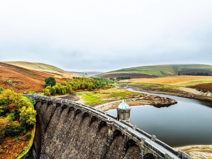 Autumn over Craig Goch Dam from a drone, Elan Valley Reservoirs, Elan Valley, Rhayader, Powys,