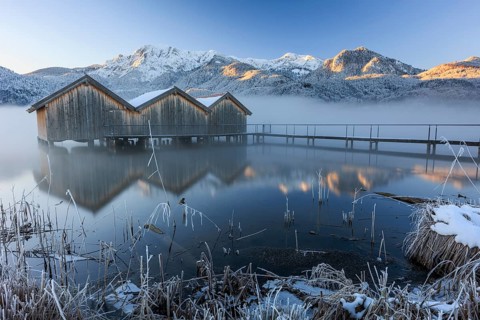 Huts, fishing huts, lake, reflection, snow, cold, fog, mountains, winter, morning light, ice,