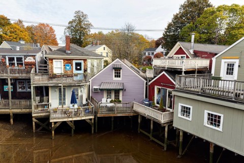 Colourful houses on stilts, Kennebunk River, Tidal River, Kennebunkport, Maine, New England, USA