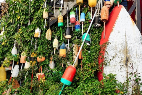 Colorful lobster buoys, boat, decoration, facade detail, seafood restaurant, lobster specialty,