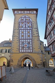 Historic Tübingen Gate built in 1330, city gate, city tower, half-timbered, Reutlingen, Swabian