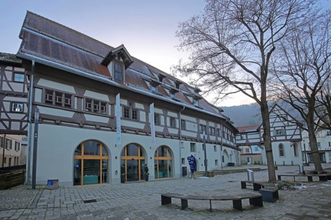 Holy Spirit Hospital built in 1424 and prehistory museum, half-timbered house, Blaubeuren, Swabian