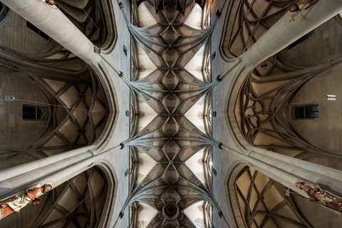 Cross-ribbed vaulting in the church of St. Nikolaus, Überlingen, Lake Constance, Baden-Württemberg,