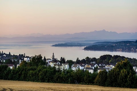 View of Lake Constance with the Swiss Alps in the background, sunrise, Überlingen, Lake Constance,