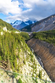 Breathtaking view from the glass floored skywalk extending over the sunwapta valley, revealing the