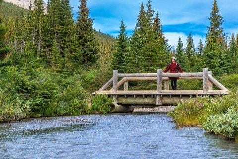 Female hiker enjoying the view from a wooden bridge over a river flowing from bow lake in banff