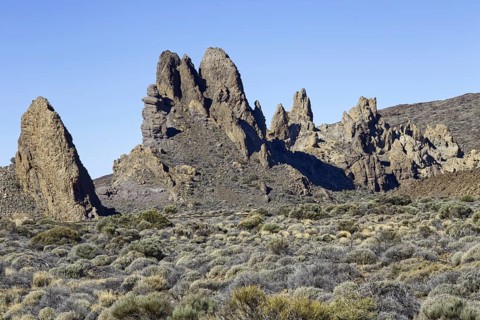 Stone formation in a dry landscape under blue sky, La Orotava, Tenerife