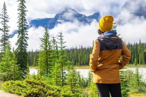 Pausing to admire breathtaking views of majestic mountains, serene lakes, and lush pine forests, a