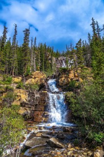 Cascading white water flows over rocks and cliffs at tangle creek falls, surrounded by lush