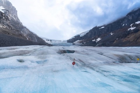 Scenic view of the receding athabasca glacier in jasper national park, illustrating climate