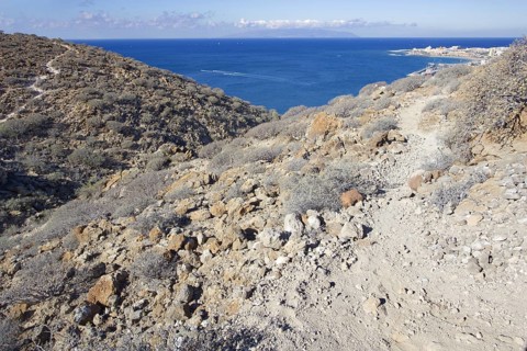 A dry trail snakes through a rocky coastal landscape with views of the sea, Los Cristianos Tenerife