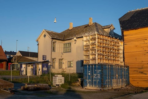 Building with nesting boxes for kittiwakes (Rissa tridactyla) made of old fishing boxes and flying