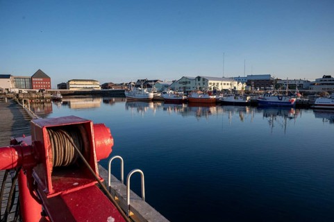 Idyllic harbor with calm water, several boats and buildings in the background under clear skies,
