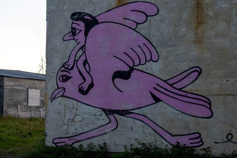 Mural depicting a man riding on a seagull. By Husk Mit Navn. Vardö street art phenomenon created by