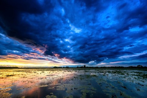 Dramatic sunset over flooded wetlands with wind turbines in the background and bright shades of