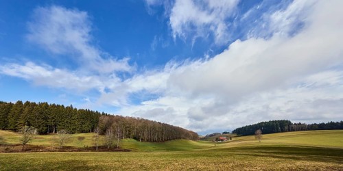 Landscape photography, hilly landscape, hills, coniferous forest, trees, meadow, cloud shadow, blue